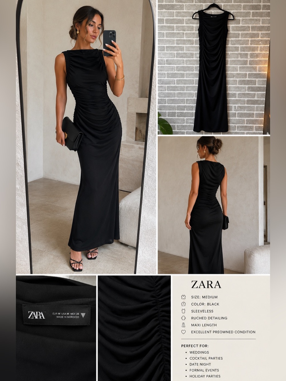 Zaraโ Black Ruched Maxi Dress Medium Sleeveless Draped Evening Cocktail Formal